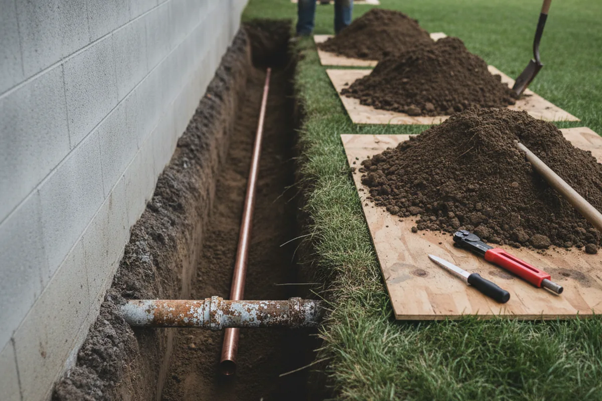 Excavated water line trench during Water Heater Repair in Olivet